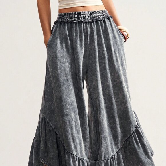 Dark Grey Casual Women's Elastic Waist Ruffle Hem Wide Leg Pants - Picture 3 of 7